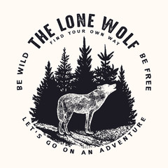 Vector round illustration of howling wolf on forest and typography background. T-shirt print, emblem, label or badge design - 338339312