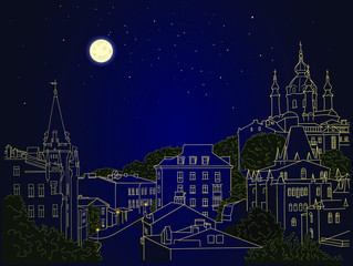 Night Andriyivskyy Descent illustration Kyiv church vector sketch moonlight city capital of Ukraine line art