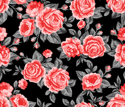 Seamless floral pattern with red roses and peonies flowers on black background