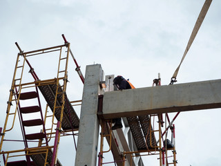 Man Working on the Working at height on construction site with blue sky