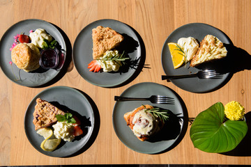 ready to serve, cake, pie, scones, decorate the dish with flowers.