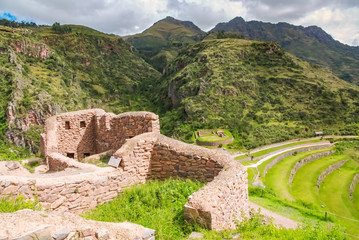 Fototapeta na wymiar Ancient Inca circular terraces in Sacred Urubamba Valley of Incas, Peru 