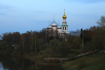 Vologda spring river church, landscape in Russia province city of Vologda