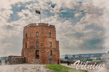 Fototapeta na wymiar Watercolor effect of photo of Gediminas tower monument in Vilnius, Lithuania