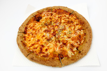 Oven-baked cheese pizza on white background