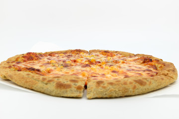 Oven-baked cheese pizza on white background