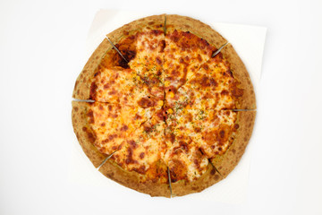Oven-baked cheese pizza on white background