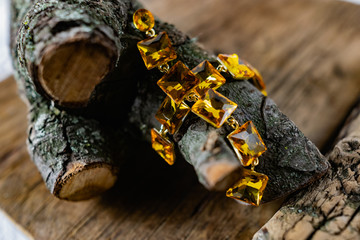 Beautiful and fashionable women's jewelry, elegant large yellow stones on a gold base, square shape, hanging on the bark and wooden natural snags