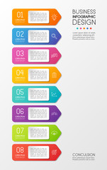 Colourful infographic template with 8 options. Vertical flowchart. Vector