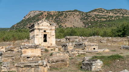Denizli, Turkey - October 2019: Ruins of ancient city of Hierapolis in Pamukkale