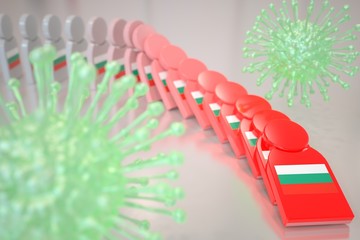 Viruses and falling dominoes with flag of Bulgaria. Coronavirus spread conceptual 3D rendering
