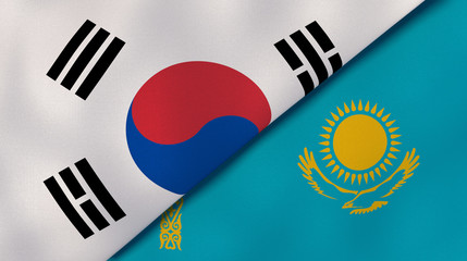 The flags of South Korea and Kazakhstan. News, reportage, business background. 3d illustration