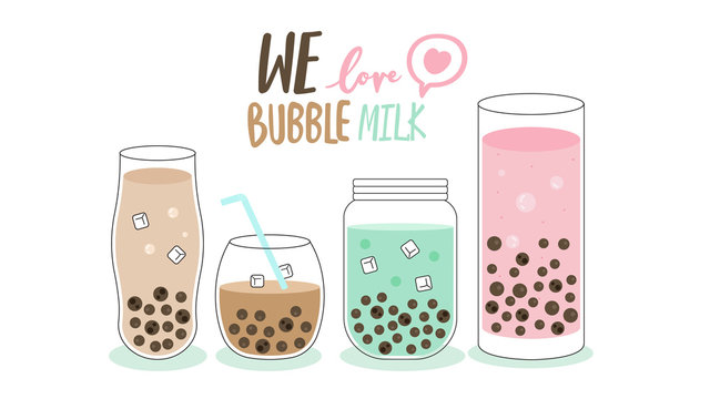 We love bubble milk tea vector design banner, ubble tea cup design collection, Pearl milk tea, Taiwan milk tea,Yummy drinks, coffees and soft drinks with doodle style set. - Vector