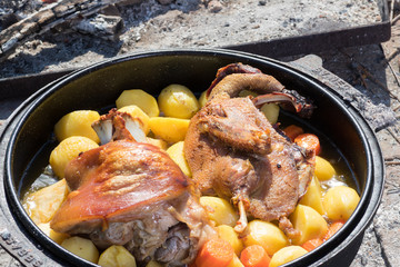 Fireplace and food preparation of traditional Croatian meal Peka.