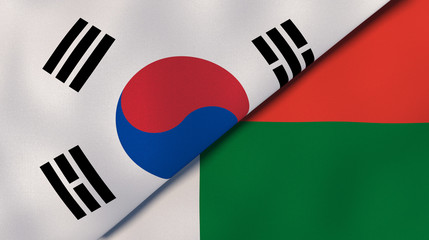 The flags of South Korea and Madagascar. News, reportage, business background. 3d illustration
