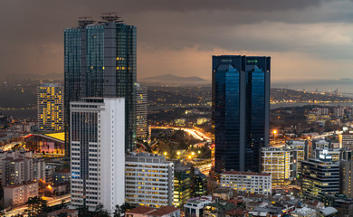 Istanbul, Turkey - December 2019: Aerial view of the city downtown and skyscrapers. Skyscrapers and modern office buildings at Levent and Besiktas districts with Bosphorus background