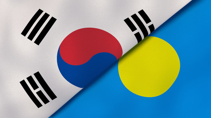 The flags of South Korea and Palau. News, reportage, business background. 3d illustration