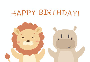 Happy birthday! Greeting card with cute animals. Vector illustration.