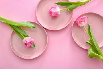 Obraz na płótnie Canvas Clean plates and flowers on color background