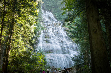 Forest waterfall flowing down rocks in British Columbia, Canada