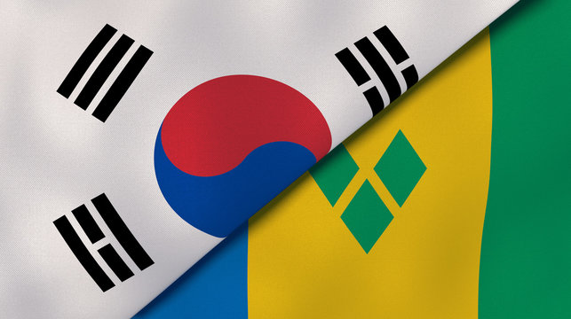 The flags of South Korea and Saint Vincent and Grenadines. News, reportage, business background. 3d illustration