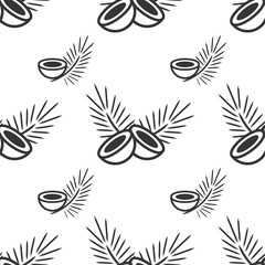 Fototapeta na wymiar Seamless pattern with icon coconut fruit and palm leaves. Vector