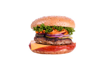 fresh burger with pork and beef, cheddar, pickled cucumber, pickled onions, korean carrots, salad mix, isolated on white background.