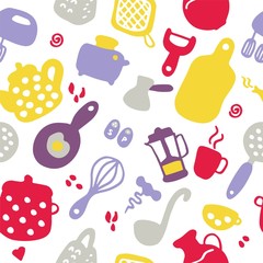 Big set of kitchen items. Doodle icons of kitchen appliances, devices for cooking, products and dishes. Hand drawn graphic. Seamless pattern.