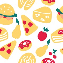 Hand-drawn cake donut cheese burger pear cherry salmon steak. Seamless pattern.
