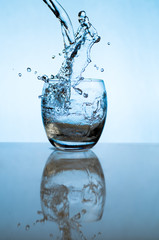 High speed photograph of water being poured into a glass