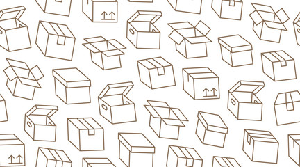 Delivery box background, cargo package seamless pattern. Various open and closed cardboard boxes, parcel flat line icons. Warehouse, storage vector illustration brown white color