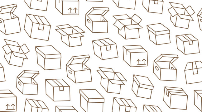 Delivery Box Background, Cargo Package Seamless Pattern. Various Open And Closed Cardboard Boxes, Parcel Flat Line Icons. Warehouse, Storage Vector Illustration Brown White Color