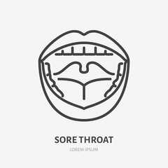 Sore throat line icon, vector pictogram of flu or cold symptom. Open mouth with pharyngitis illustration, sign for medical poster