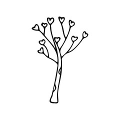 Hand drawn tree with leaves in shape of heart isolated on a white background. Doodle, simple outline illustration. It can be used for decoration of textile, paper.