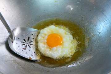 Fried egg in a frying pan at home kitchen in thailand