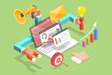 3D Isometric Flat Vector Concept of Digital Marketing Agency, Writing Creative Content, SEM and SEO.