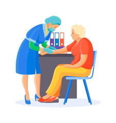 Medical check up, blood medical test in hospital. Blood test procedure - elderly female patient and doctor with syringe, in medical office or laboratory. Health, healthcare, diagnostic vector