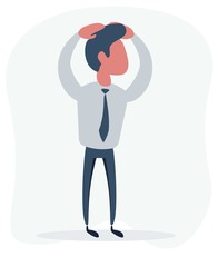 Handsome young business man in modern holding head with his hands, isolated over background. Concept of neck or head ache, pain, problem, tired up. Vector flat design illustration.