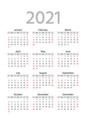 2021 Calendar. Week starts Sunday. Simple year template of pocket or wall calenders. Yearly organizer. Stationery layout in minimal design. Portrait orientation, English.