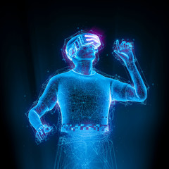 Virtual reality user upload / 3D illustration of man wearing VR glasses entering game world