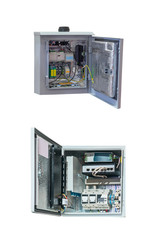 Obraz premium two electrical control Cabinet with an open door isolated on a white background