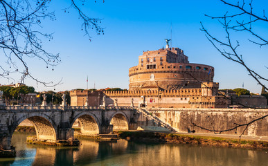 Saint Angel Bridge and Castle over the Tiber in Rome in Lazio, Italy