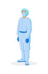 Woman in protective medical suit, in mask, goggles. Doctor in personal protective equipment. Stop coronavirus, pandemic, flu. Quarantine precaution to stay safe from COVID-19. Vector illustration.