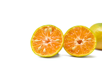 Orange cut in half on white