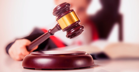 Justice and law concept. Portrait of Justice lawyers with Judge gavel. Selective focus on gavel....