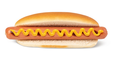 Hot dog with mustard on white