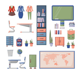 School character constructor kit and objects for animation. Teachers with students and parents. School furniture, desk classroom, map, bookshelf, backpack, home decoration, furniture, clothes vector.