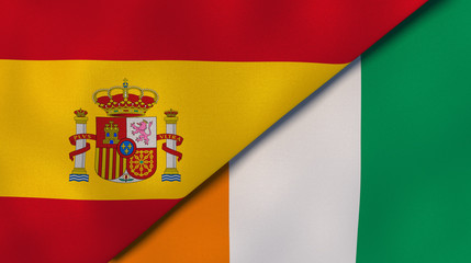 The flags of Spain and Ivory Coast. News, reportage, business background. 3d illustration