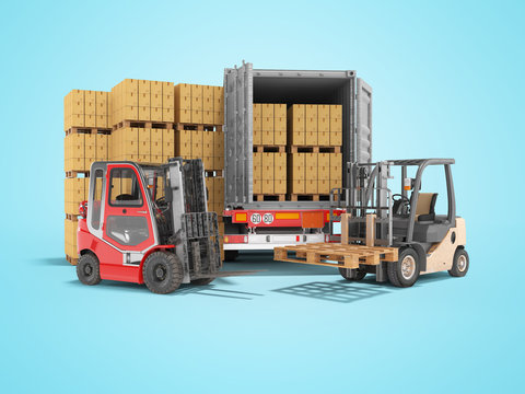3d rendering group of forklift truck loading boxes on pallets into truck on blue background with shadow