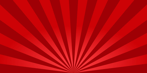 Red sunburst background. Retro background with sun beam. Comic rays. Red bright sunbeams. Light texture backdrop for japanese style. Summer pattern with shiny flare for poster and banner. Vector
